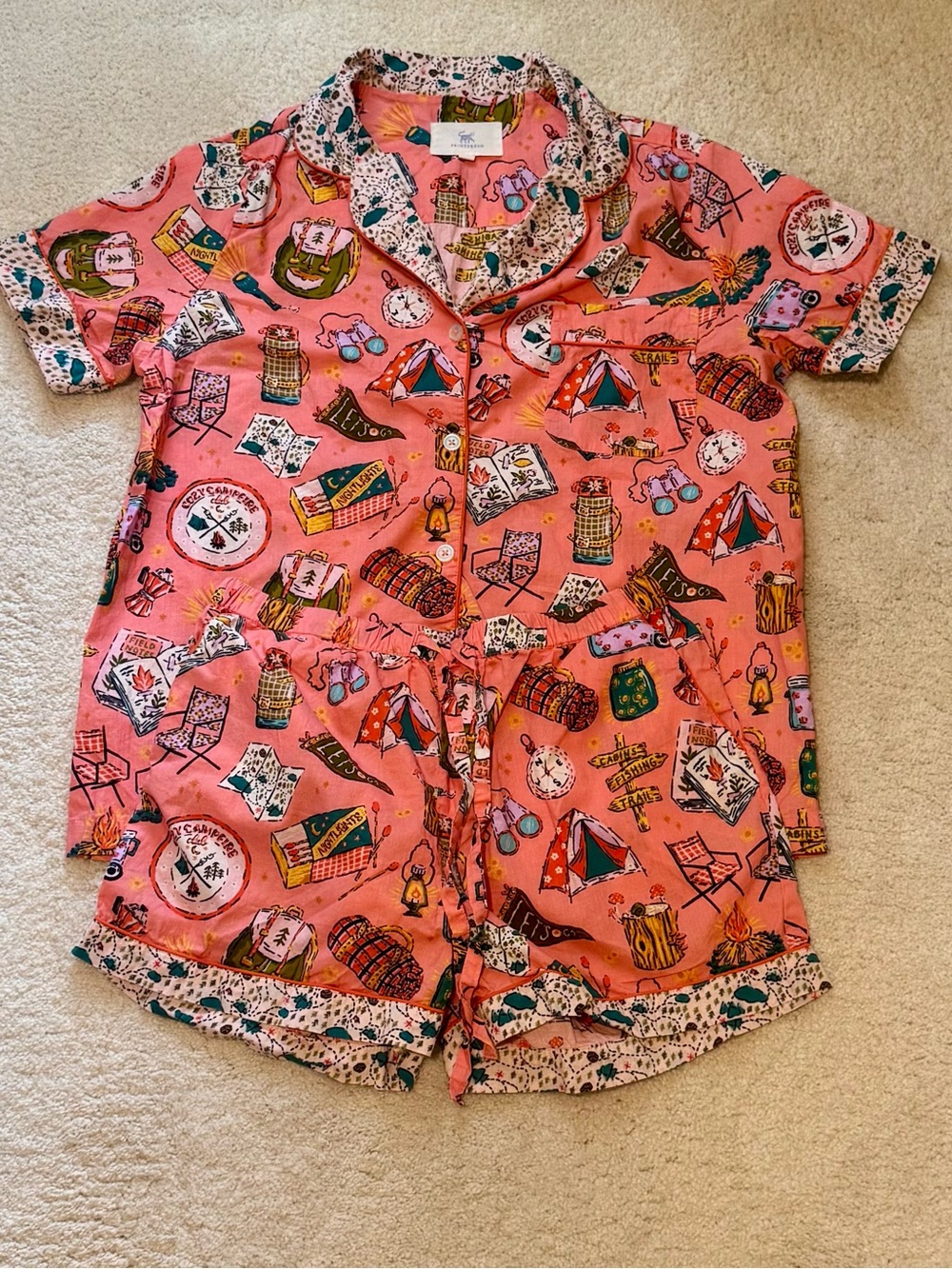 Printfresh Coral Camping Motif Lounge Pajama Short Two Piece Set